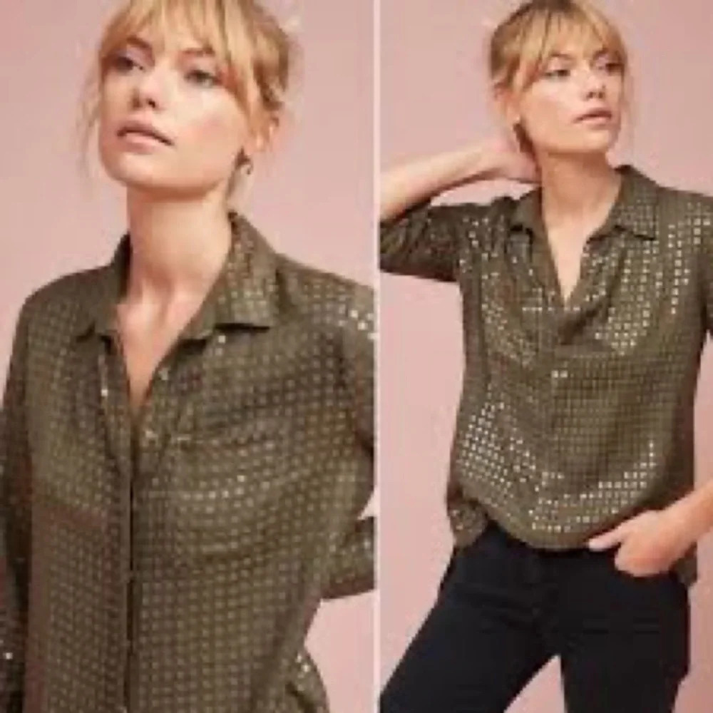 Maeve Anthropologie Arwa olive green button up shirt with sequins. Size:XS - Picture 2 of 14
